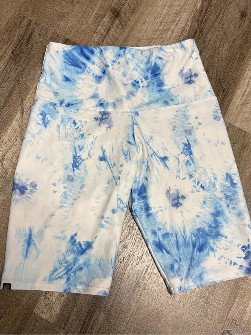 Onzie White and Light Blue Tie-Dye High-Waist Bike Shorts
